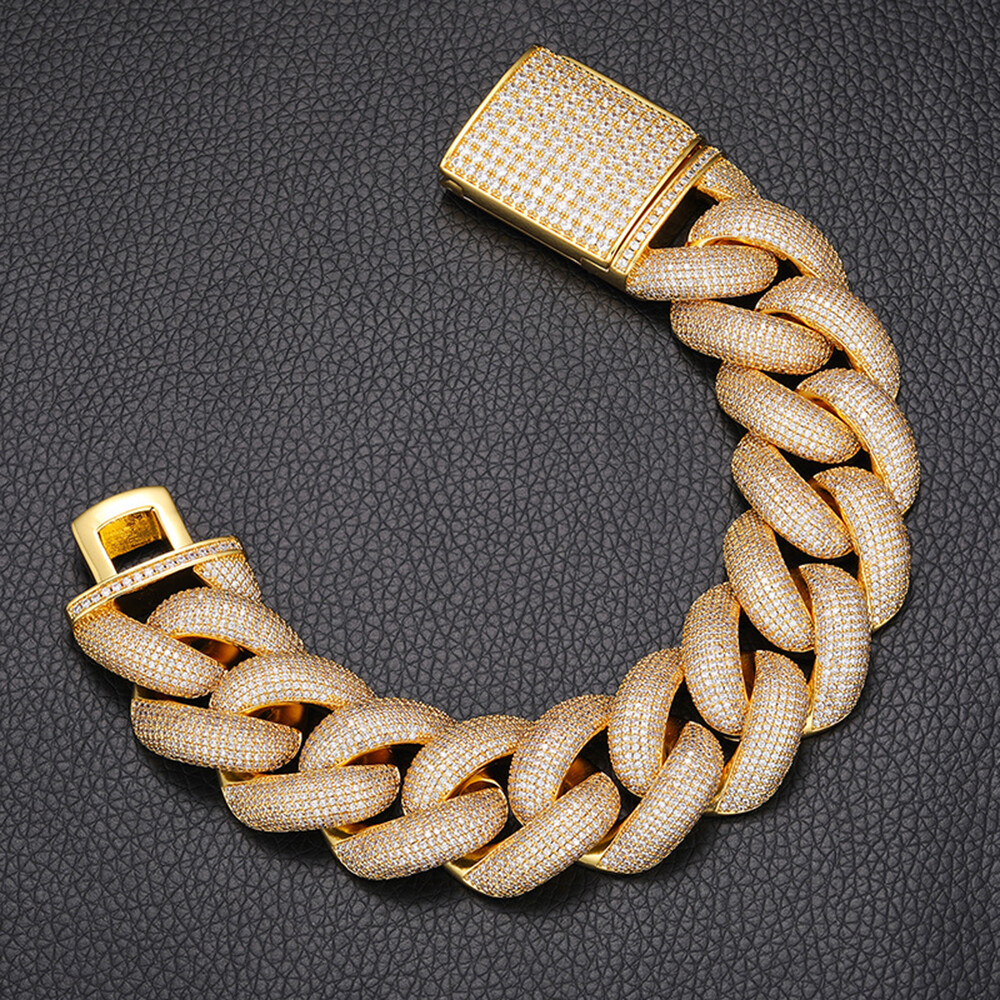 25mm Hip Hop Bubble Cuban Link Chain White CZ Stone 18K Real Gold Plated Jewelry