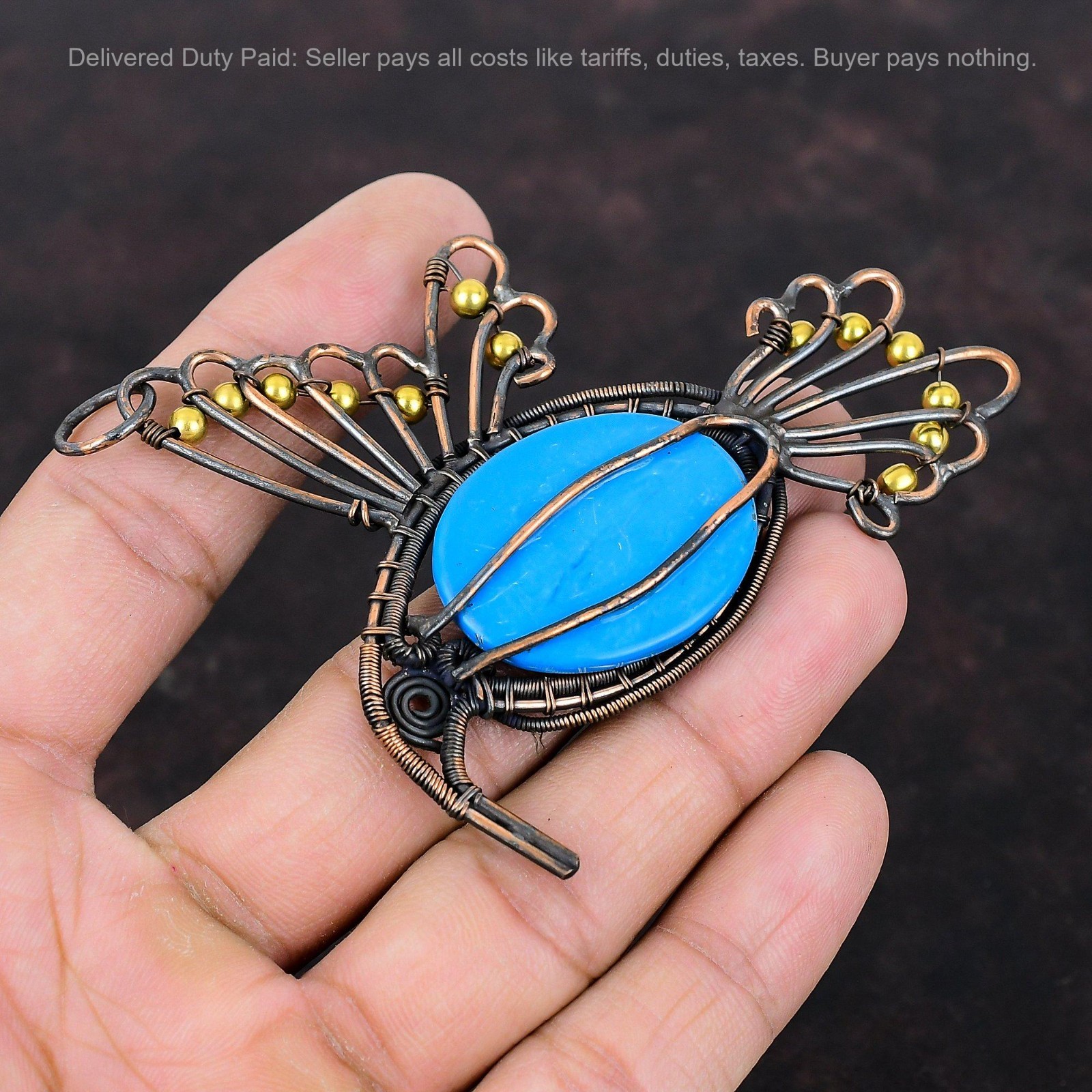 Copper Natural Sleeping Beauty Turquoise Boho Wire Wrapped Bird Pendant Jewelry