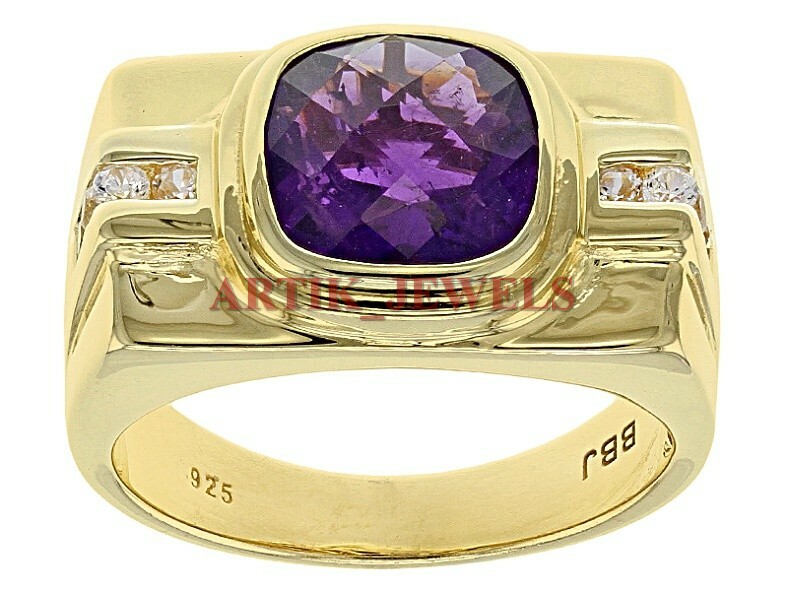 Natural Amethyst Gemstone with Gold Plated 925 Sterling Silver Men’s Ring #2886