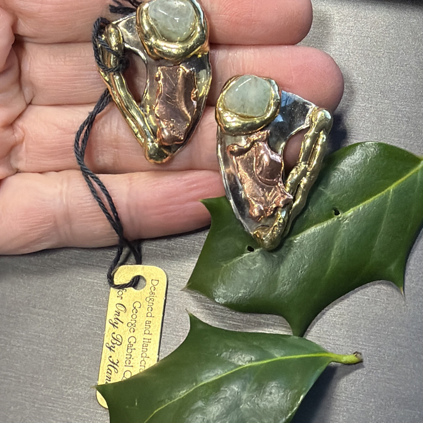 Vintage Modernist Earrings Signed George Gabriel Q Green Quartz Artisan Unique