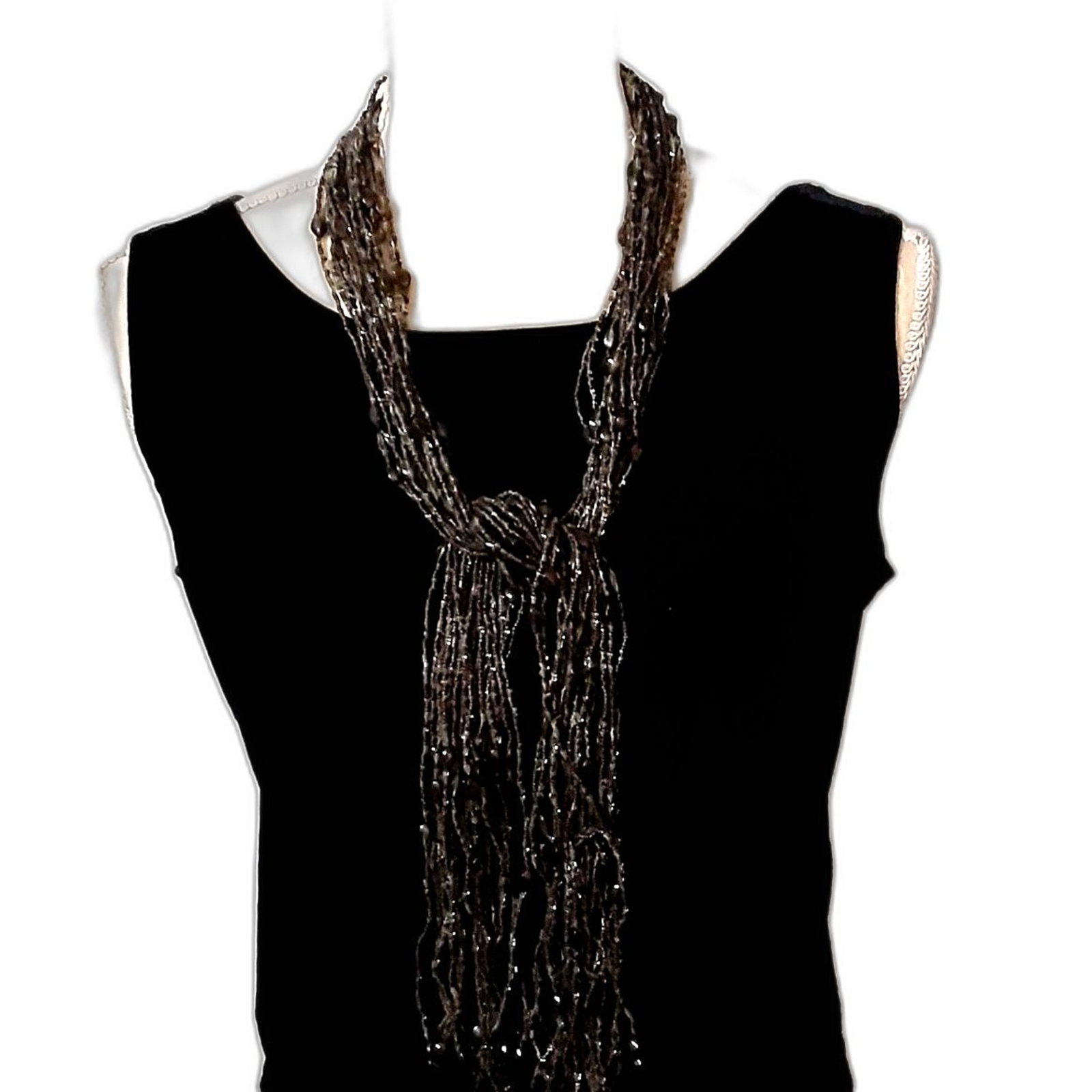 Vintage 1960-70’s all seed beaded wrap necklace scarf grey brown tones 46″