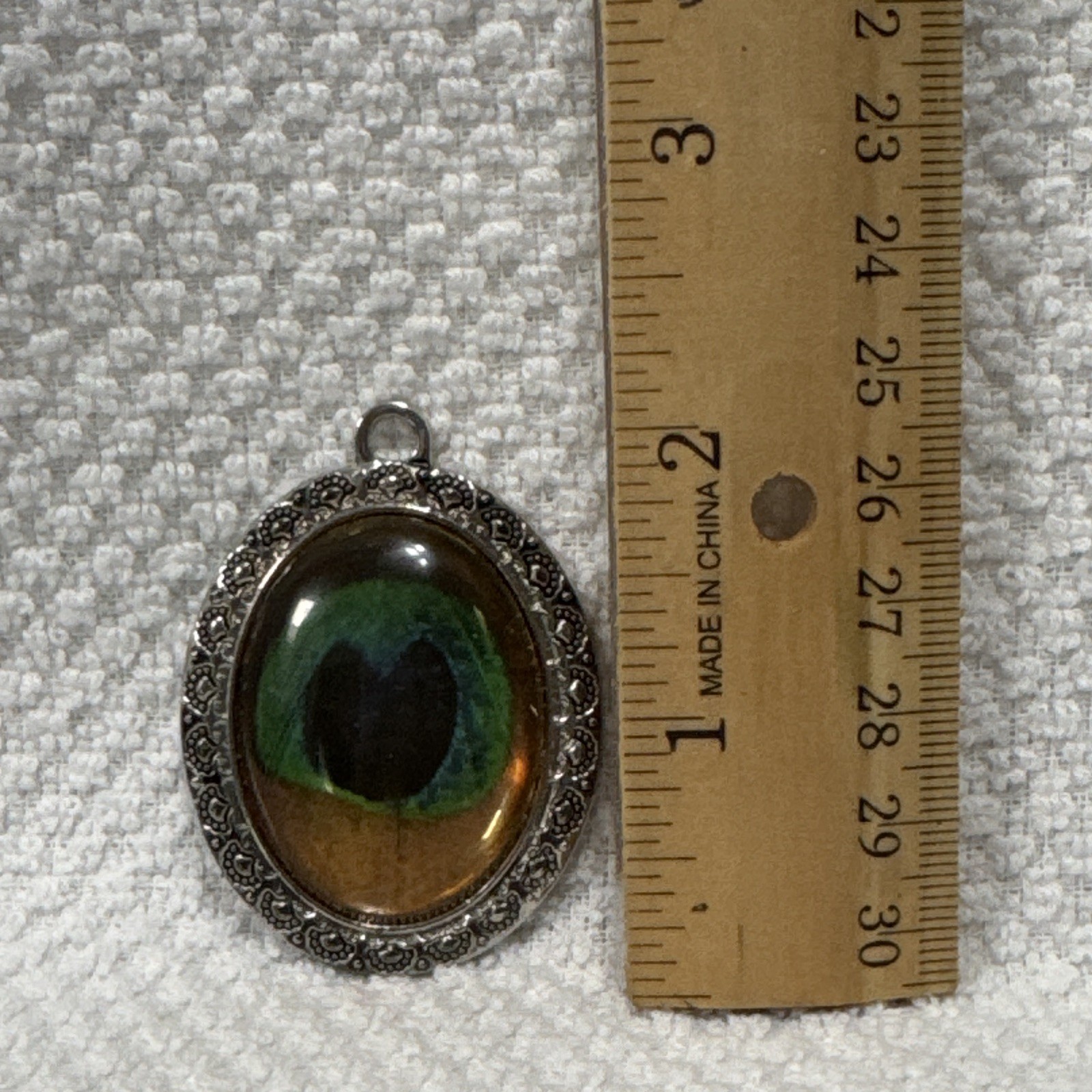 Oval Charm Pendant Bezel-Set Glass Cabochon Green/Amber Silver-Tone
