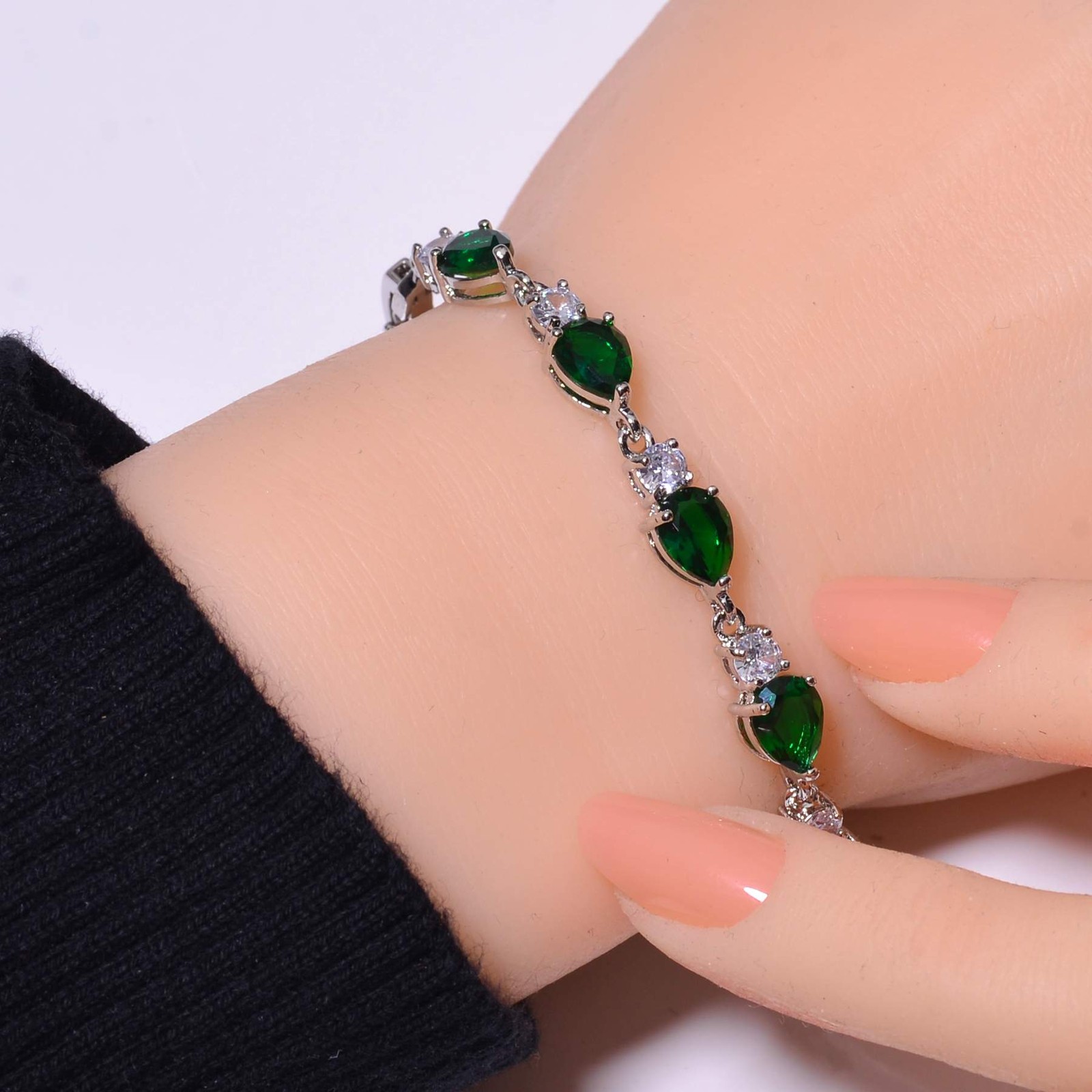 Tsavorite, Cubic Zirconia Gemstone 925 Sterling Silver Tennis Bracelet 7.99″ B27