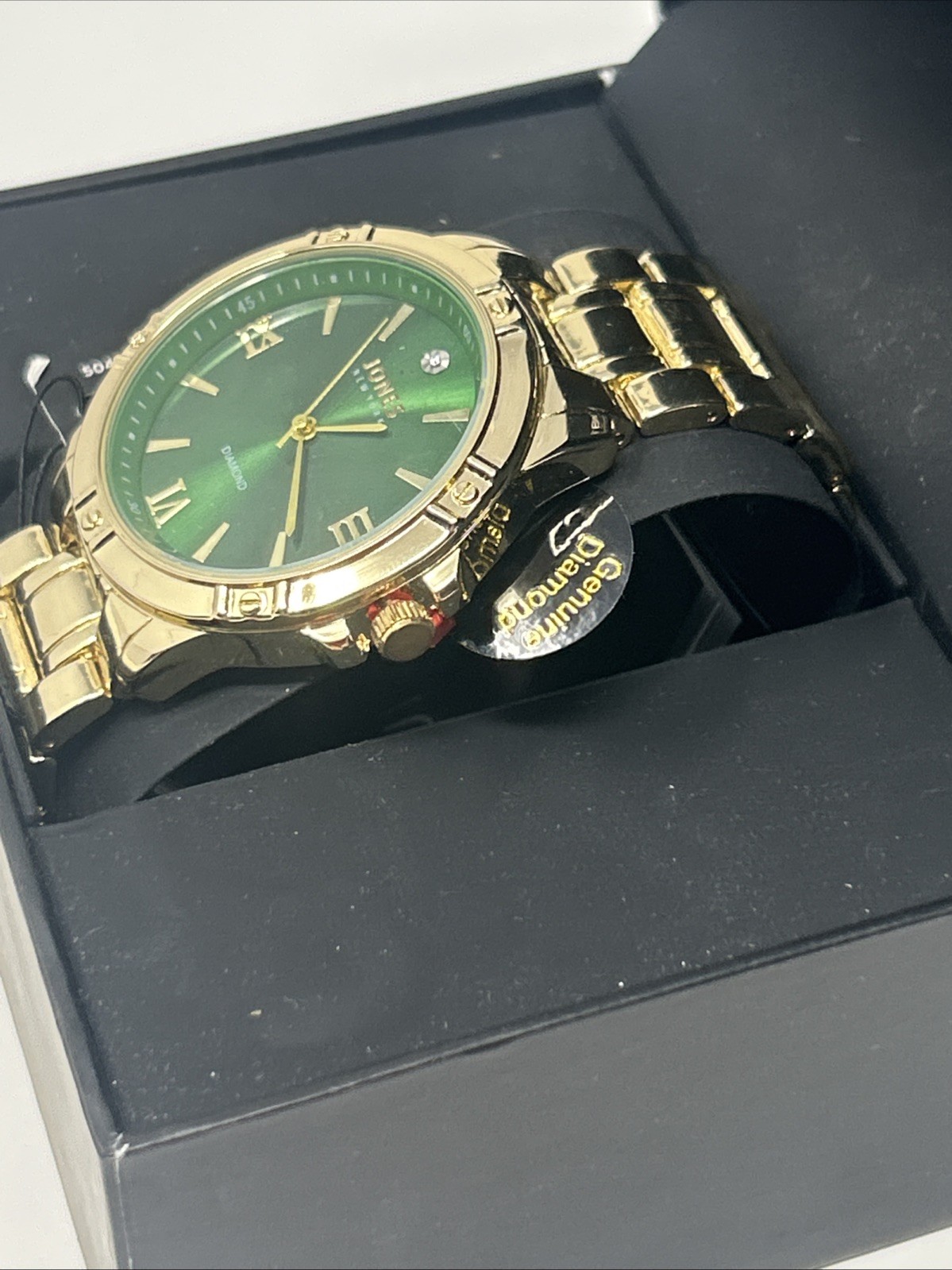 NIB Jones New York Diamond Collection Gold Tone Green Face Genuine Diamond
