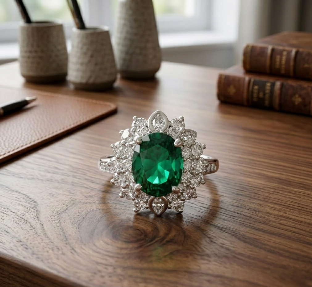 5.50 Ct Oval Cut Natural Emerald & Diamond Wedding Gift Ring 14K White Gold Sz 8