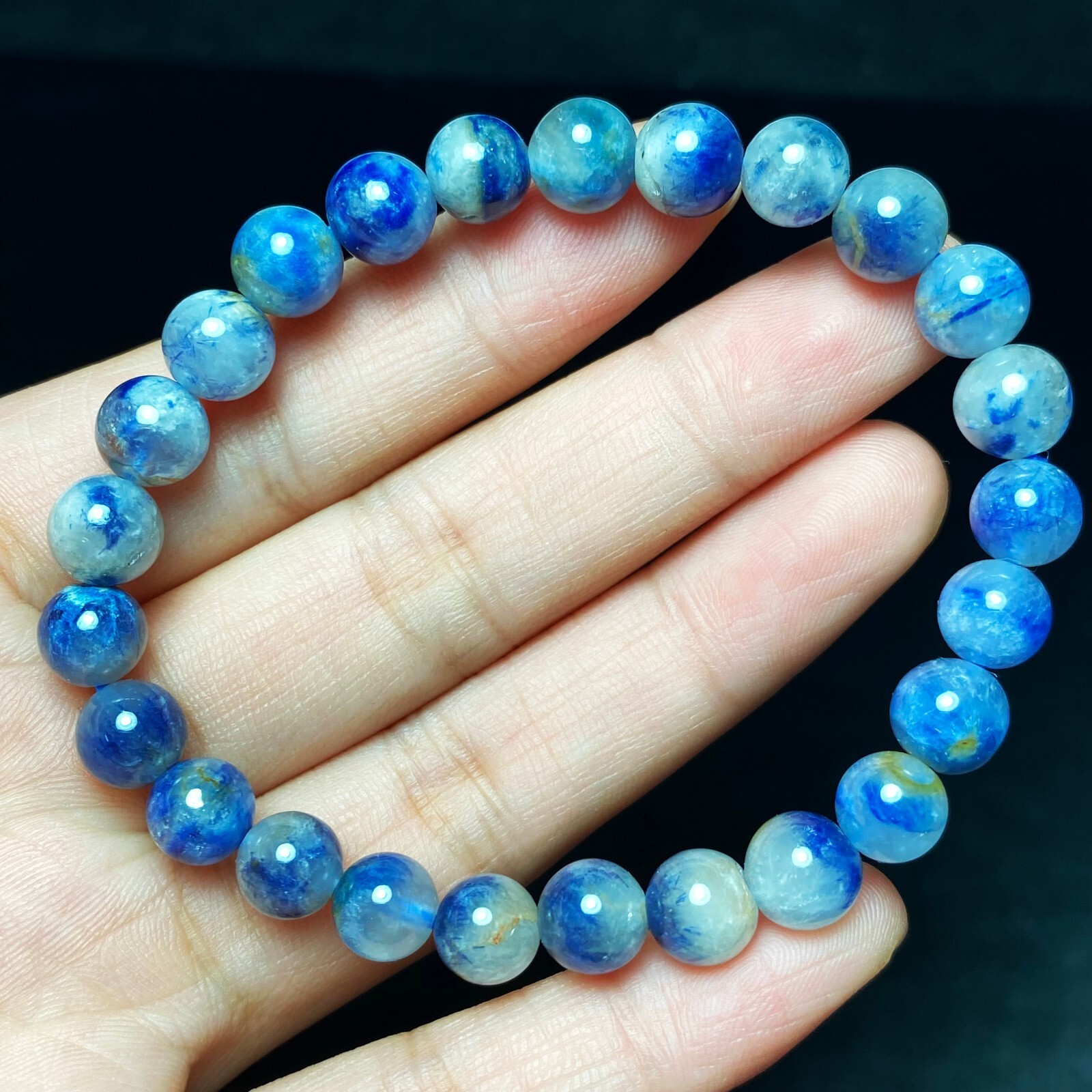 7.6mm Natural Blue Dumortierite Quartz Stretch Crystal Beads Bracelet 1072