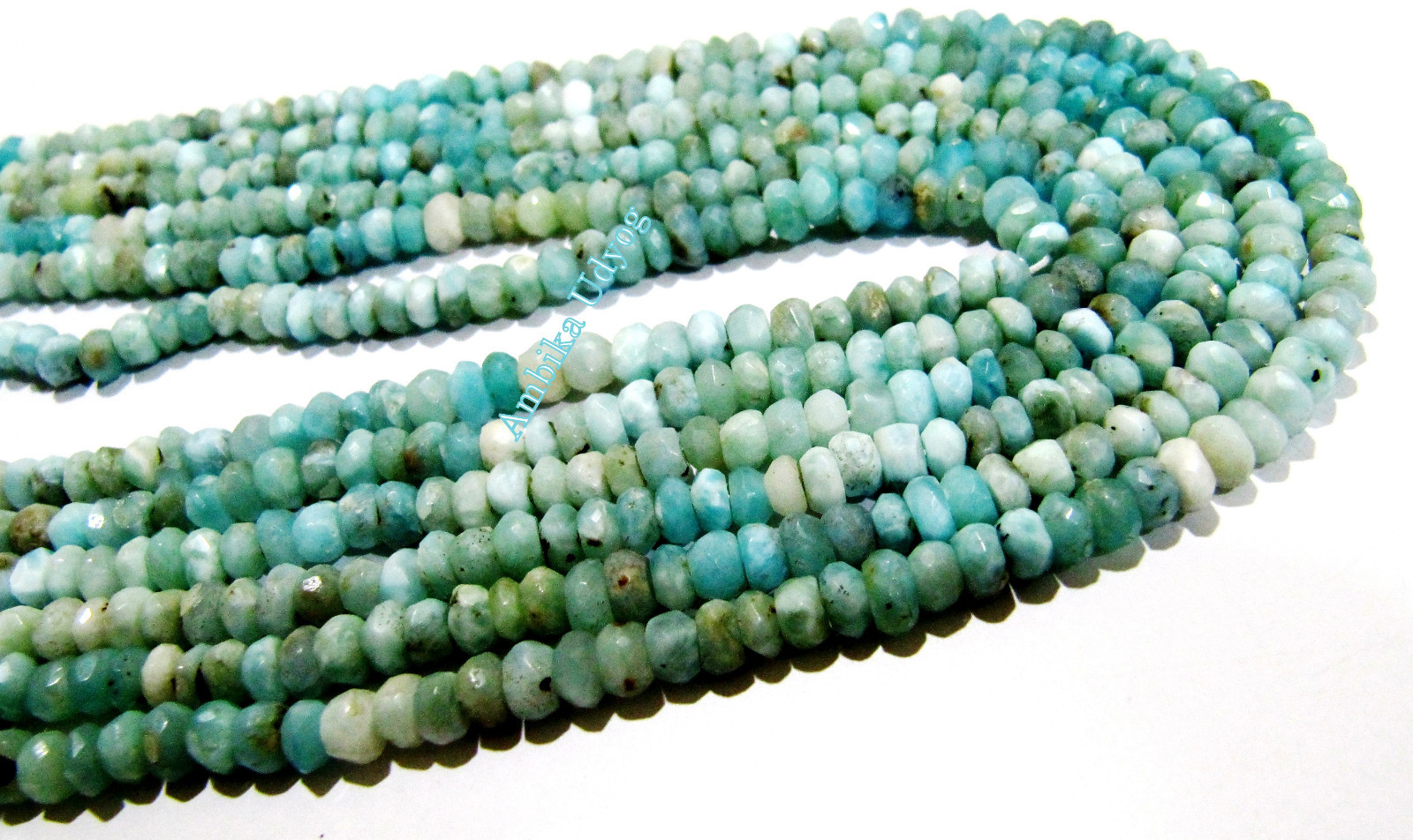 SALE- Natural Larimar Rondelle Faceted Beads 3mm to 4mm, Strand 14 inches long