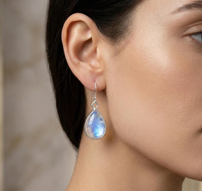 Rainbow Moonstone Dangle Drop Earrings 925 sterling Silver Womens Gift For Her