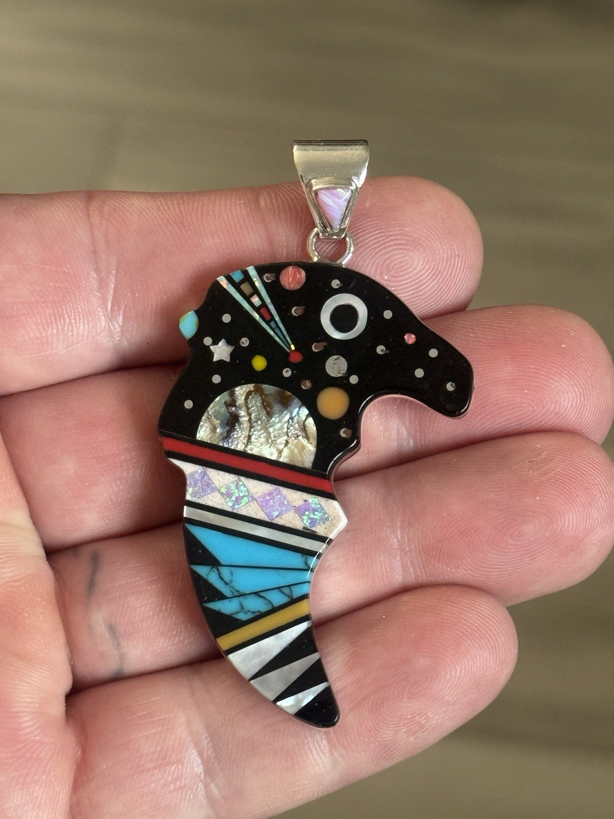 STERLING SILVER NATIVE AMERICAN SIGNED SM GALAXY INLAID EAGLE CLAW PENDANT .925