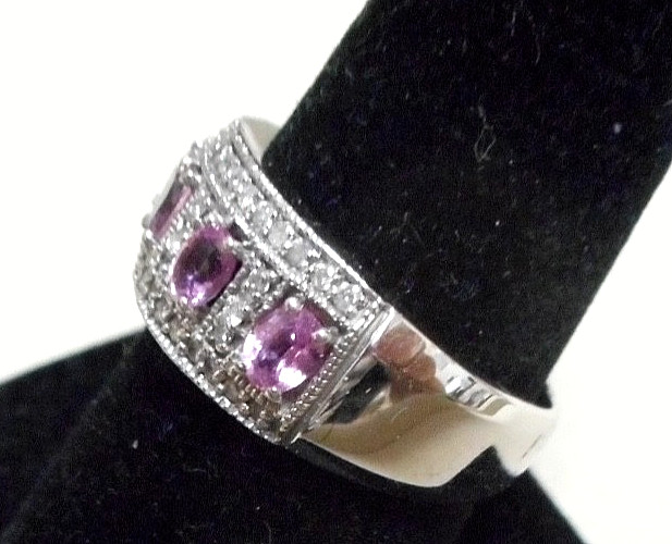 14K White Gold Pink Sapphire and Diamond Pave Band Ring Size 9 6.40 Grams-Vntg