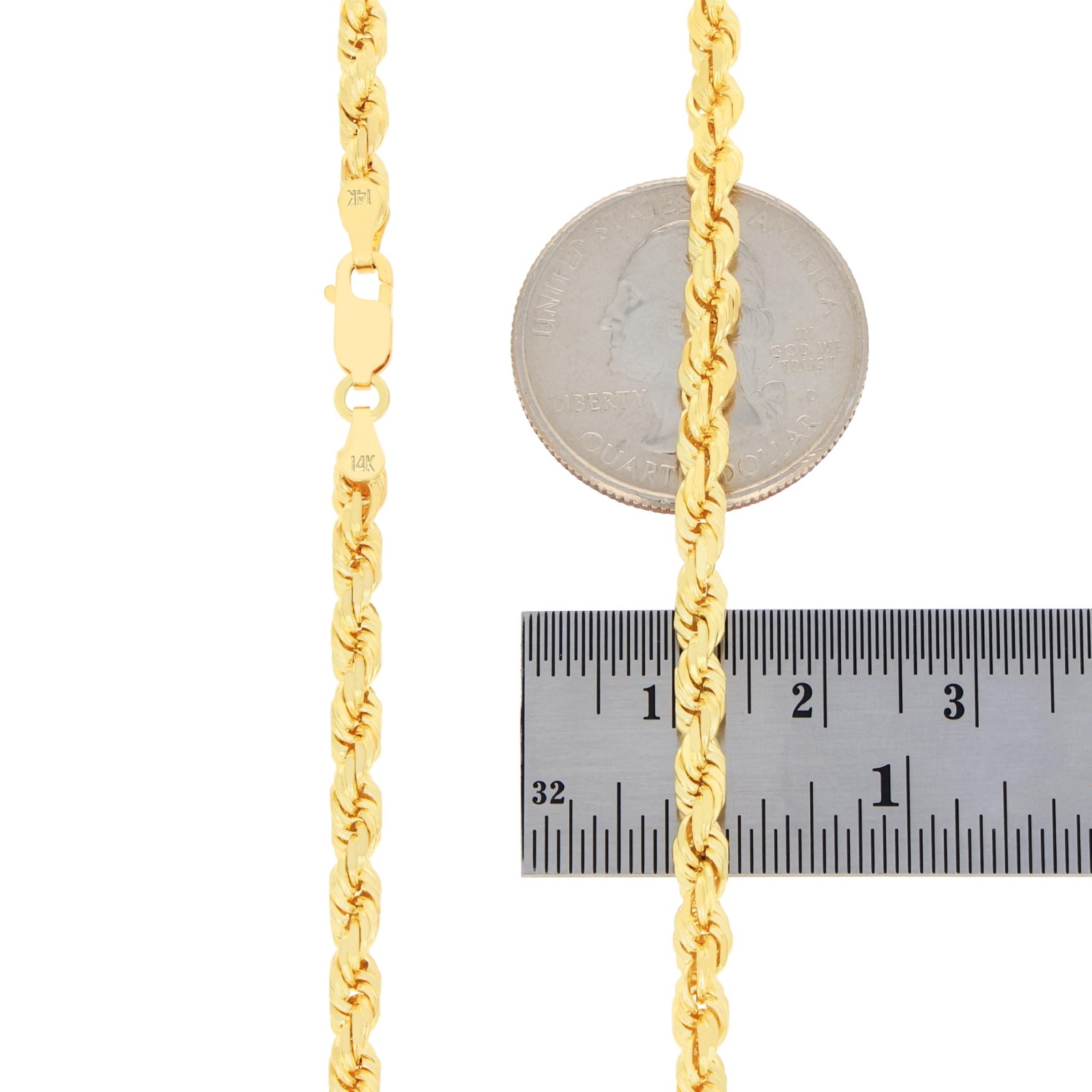 14K Yellow Gold 4mm Italian Diamond Cut Rope Chain Necklace Mens Women 16″- 30″