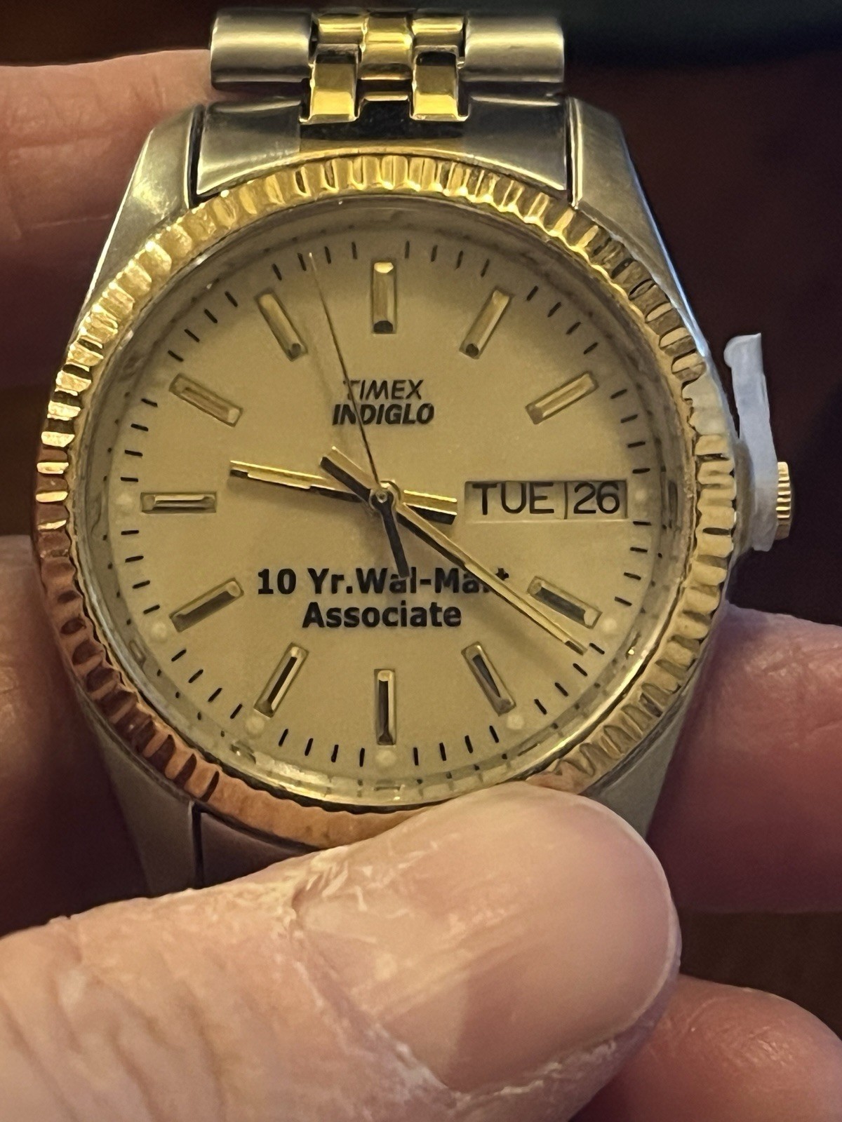 Timex Indiglo Day Date Gold Tone Fluted Bezel Walmart 10 Years Associate Watch