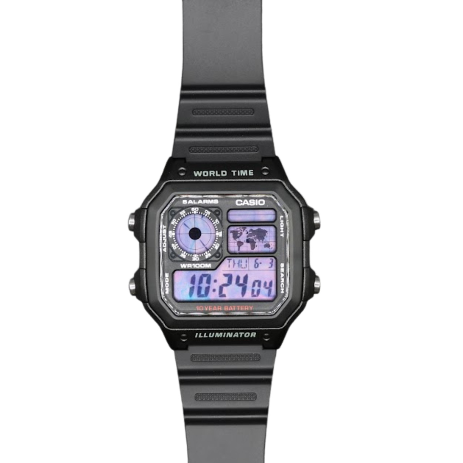 CASIO AE-1200WHD Royale World Time Watch Mod Purple Haze Display