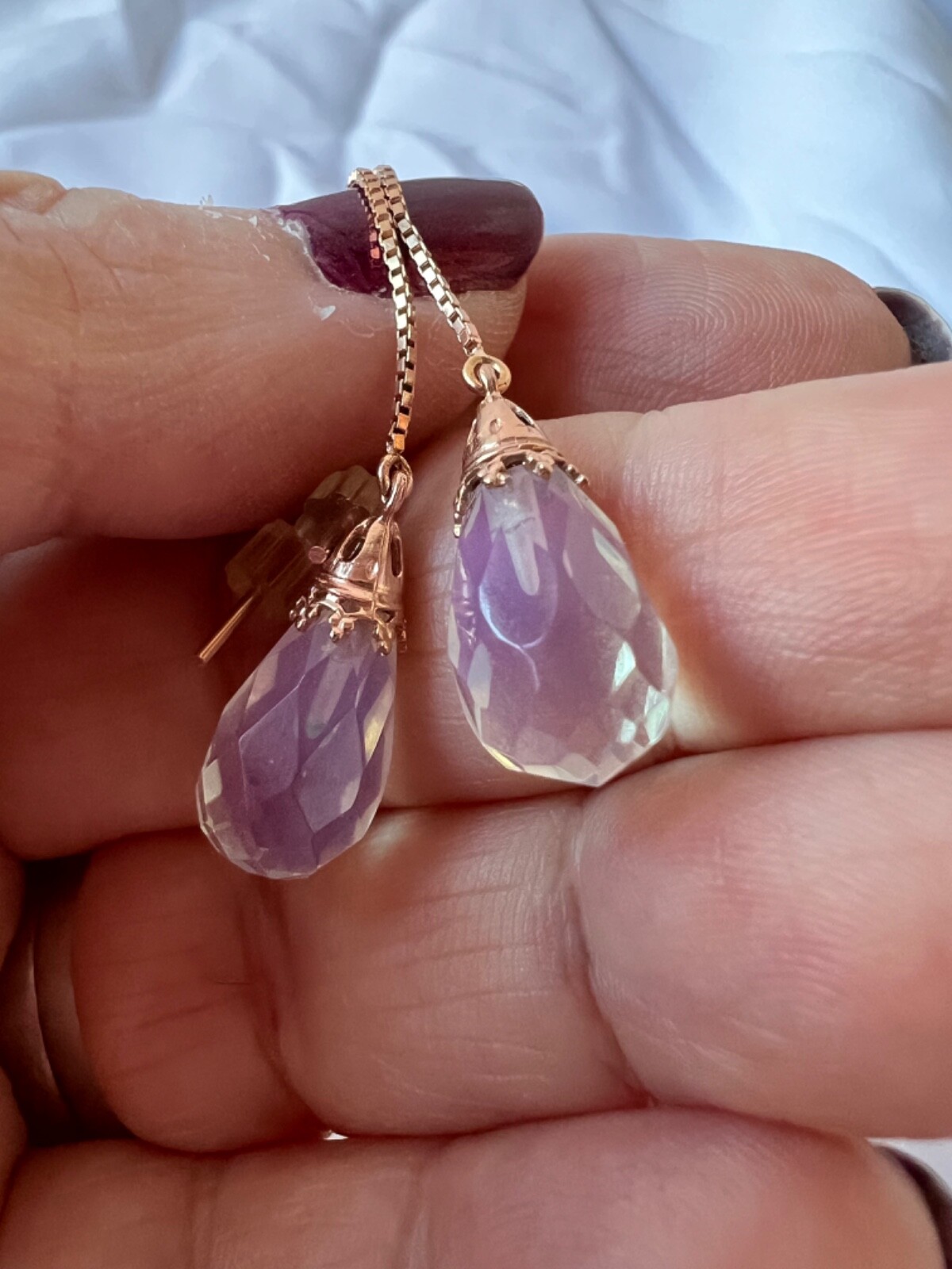 14K PINK ROSE GOLD MOONSTONE THREADER PULL THROUGH CHAIN DANGLE DROP EARRINGS