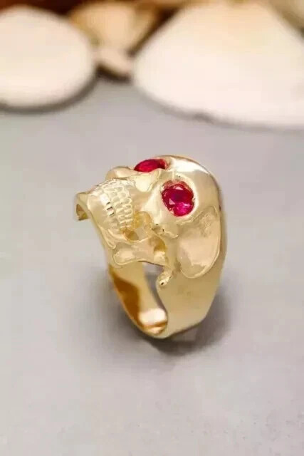 2 Ct Round Simulated Ruby Halloween Skull Band Ring 925 Yellow Sterling Silver