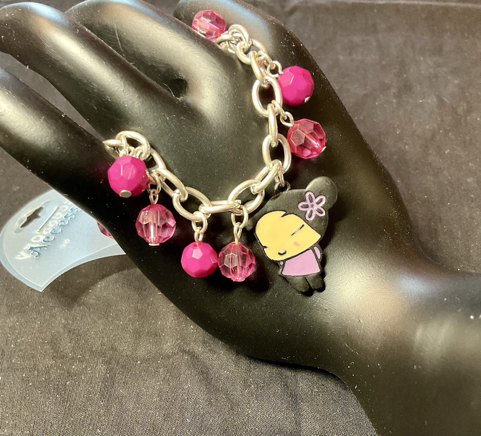 Pucca Anime Charm Bracelet Silver Tone Pink Faceted Beads Adjustable NEW Kawaii