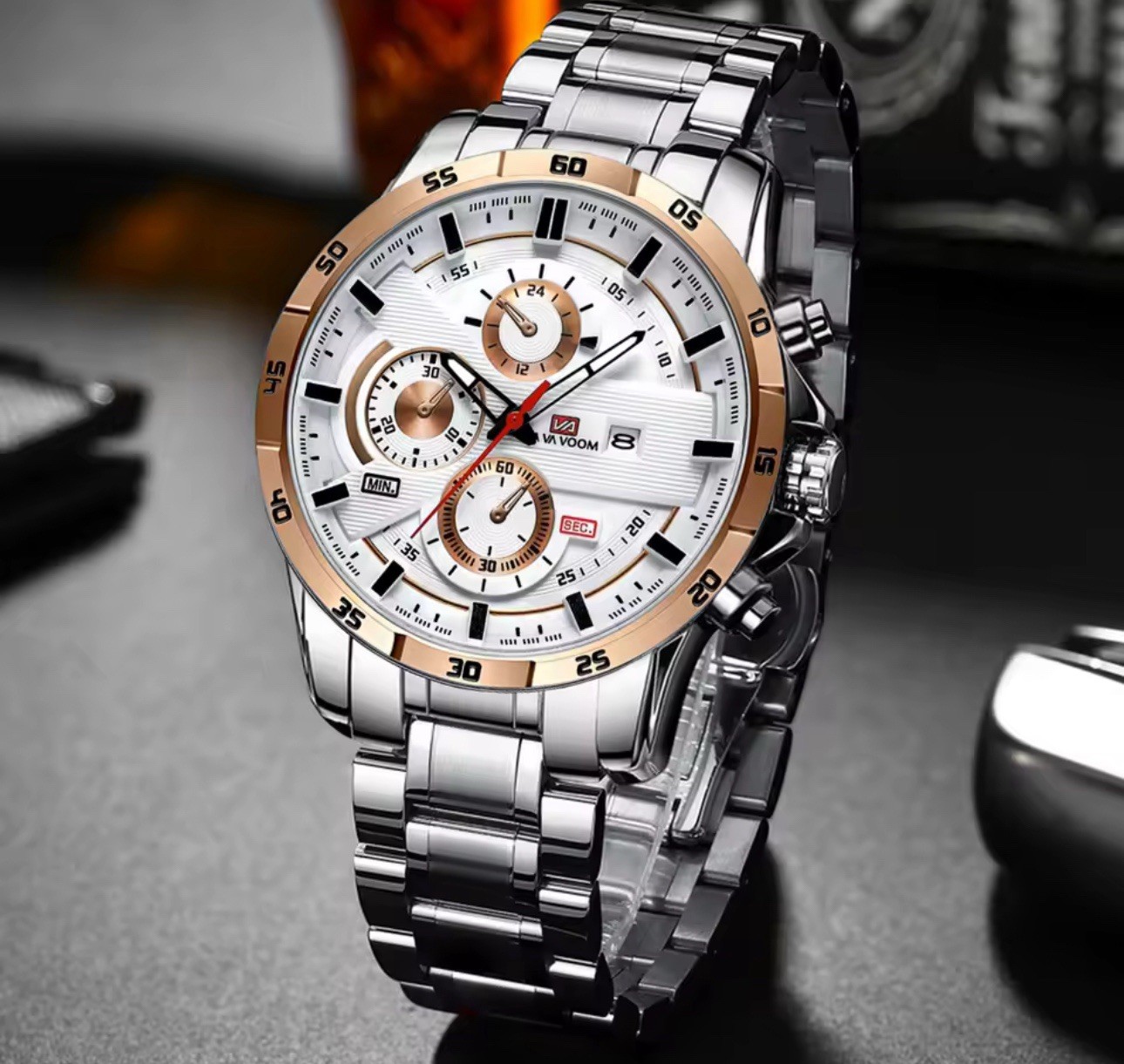 VAVOOM Men’s Quartz Chronograph Watch Date Analog 44-47.9mm Leather/SS