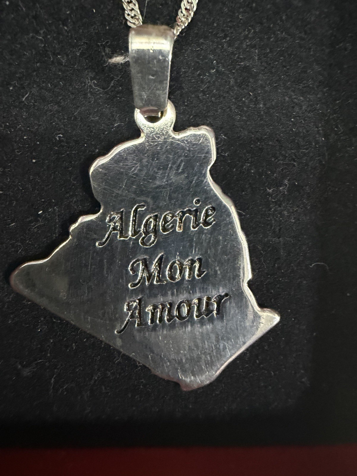 Silver Algeria Map Charm Pendant Necklace Engraved “Algerie Mon Amour”