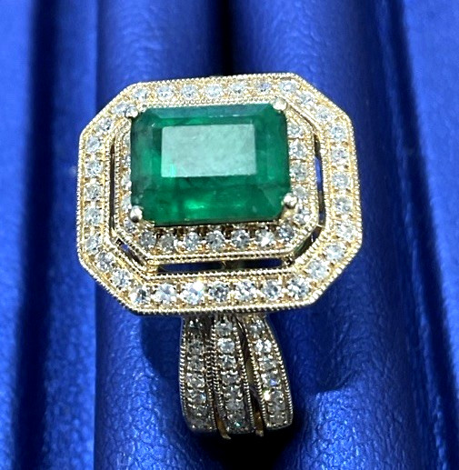 EFFY Emerald Diamond Double Halo 14k Yellow Gold Ladies Cocktail Ring