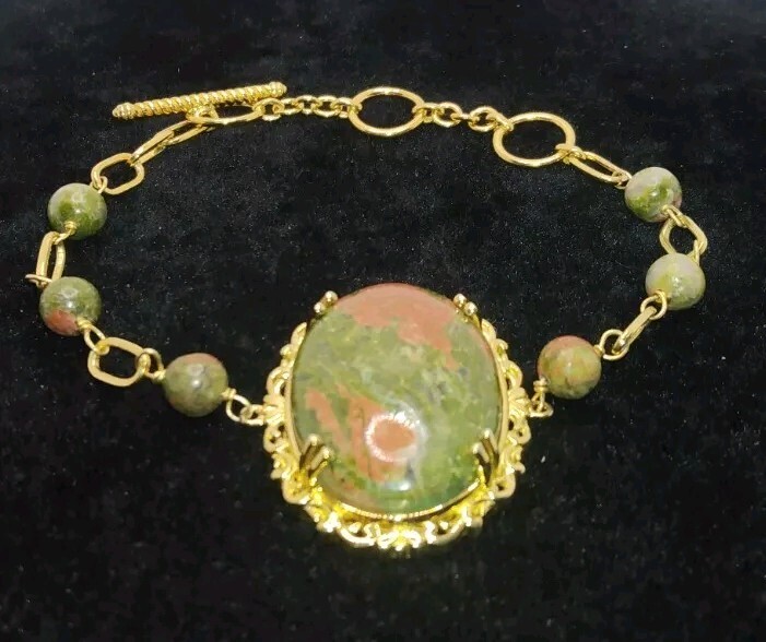 Karis Unakite Pure Brass Bracelet Bangle 18K Yellow Gold Plated Toggle Cp 7.50″