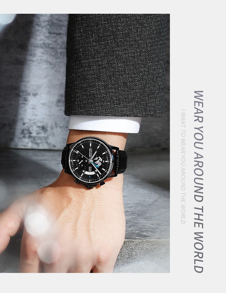 Men Genuine leather Watch Stainless Quartz Multi-functional Classic Wristwatch