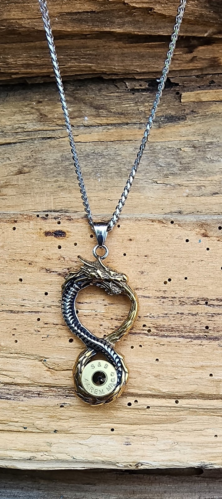 Lg Silver and Gold Stainless Dragon Bullet Necklace. 44 Mag. Optional Crystal.
