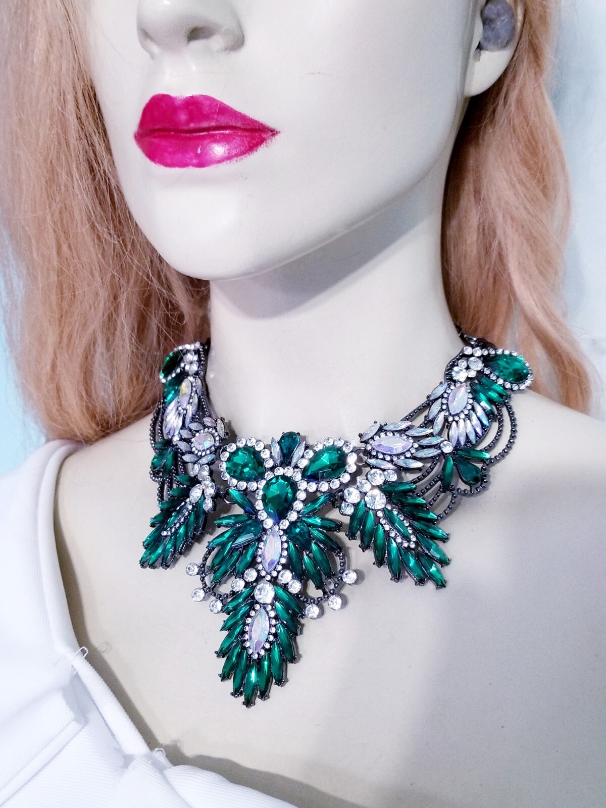 Green Statement Choker Rhinestone Necklace Bridal Prom Pageant Gothic