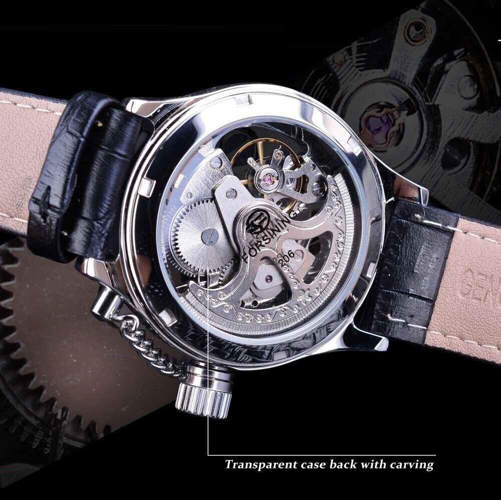 Automatic Mechanical Men Watch Silver Skeleton Transparent Dial Leather Band