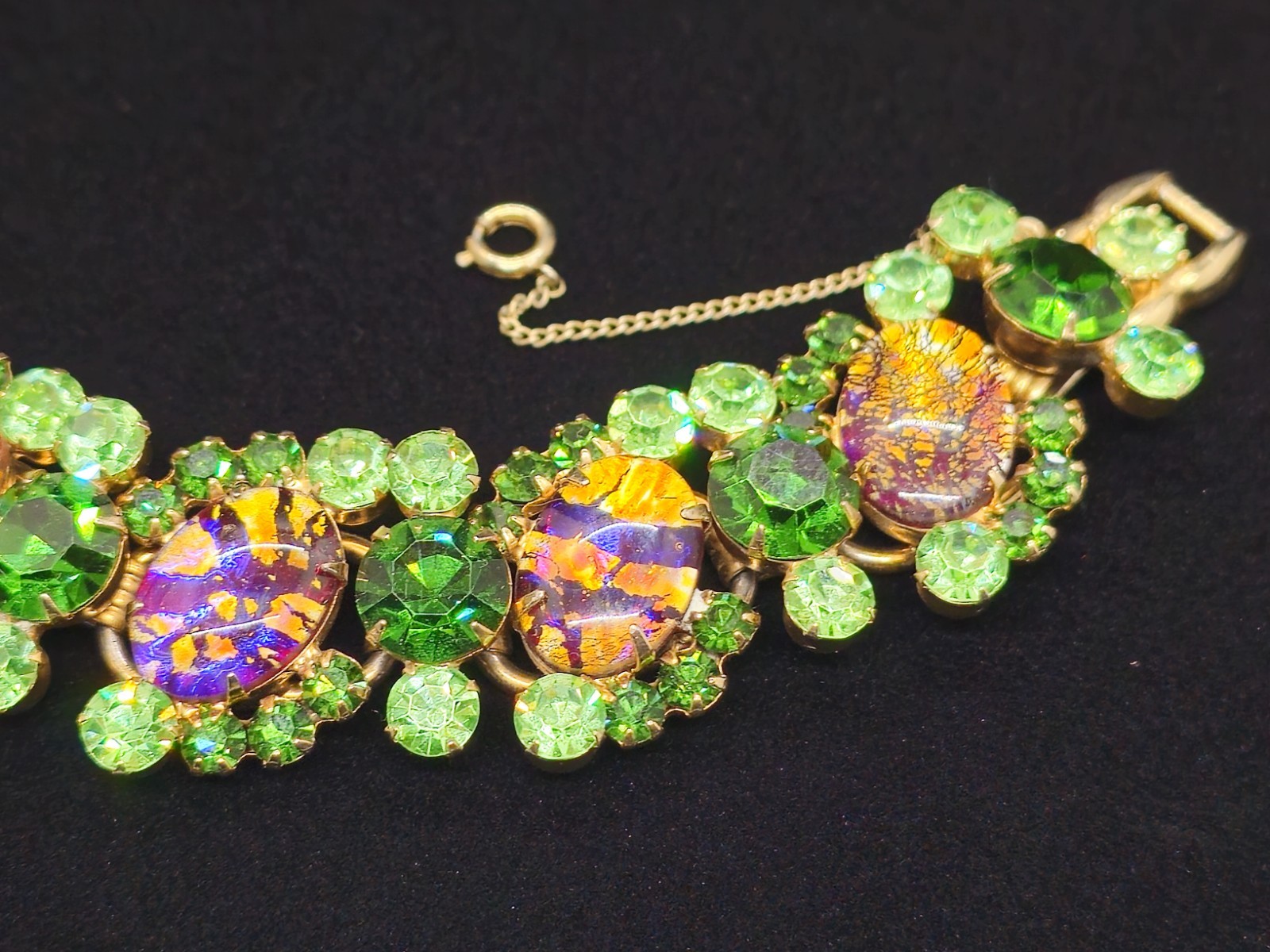 Vtg JULIANA D&E Foiled Dichroic Glass Green Rhinestone Bracelet