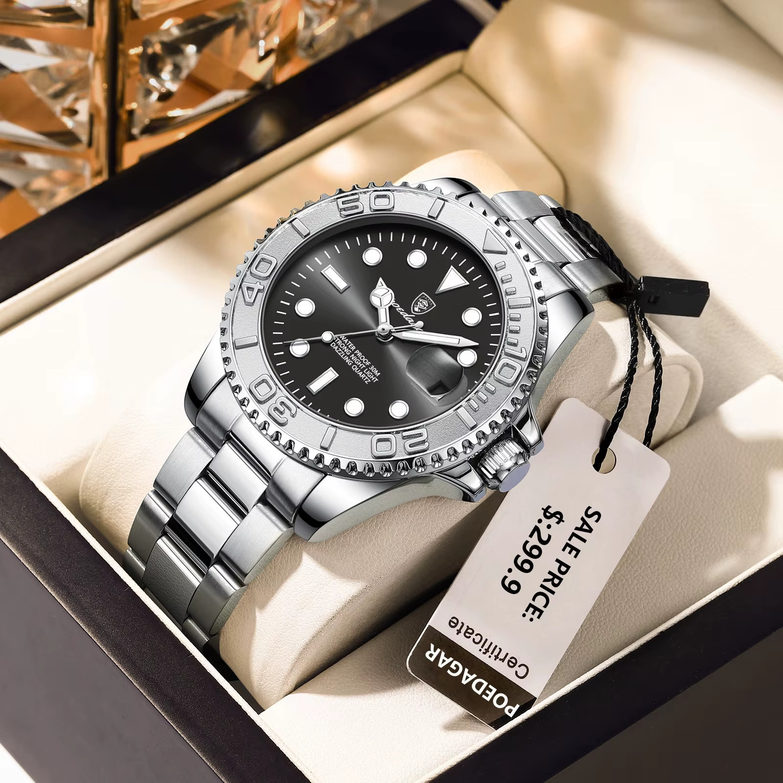 POEDAGAR Men’s Dive Style Quartz Watch Luminous Date Stainless Steel 43mm 3ATM