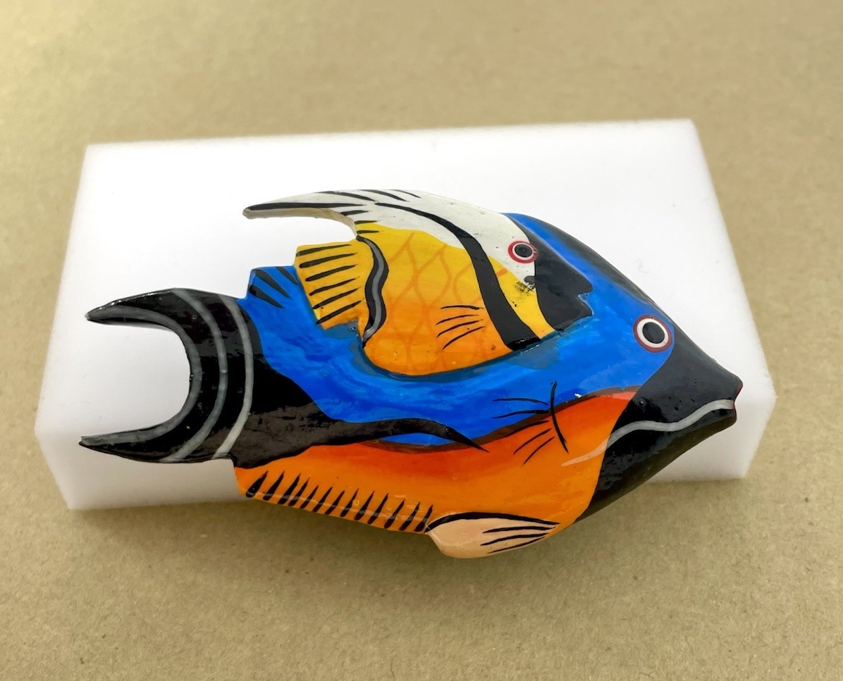 Vintage Colorful Tropical Fish Brooch Blue Orange Black Estate Statement Piece