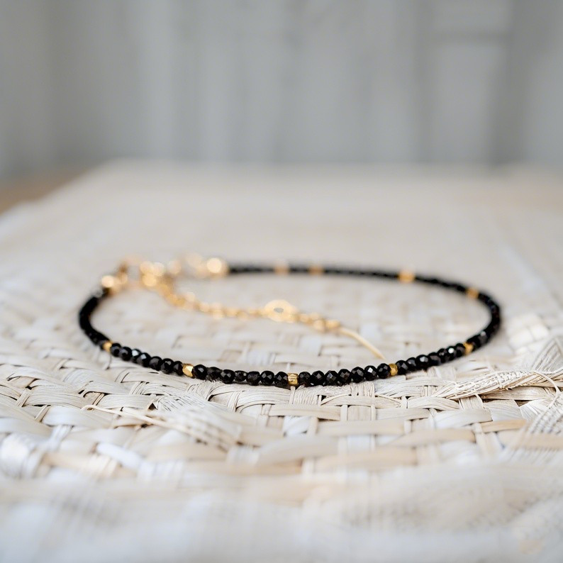 Black Tourmaline Faceted TIny Beads Healing Crystal Dainty Minimalist Bracelet