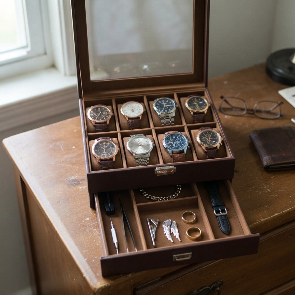 8-Slot Watch Box with Drawer – Luxurious Men’s Organizer for Valentine’s Day