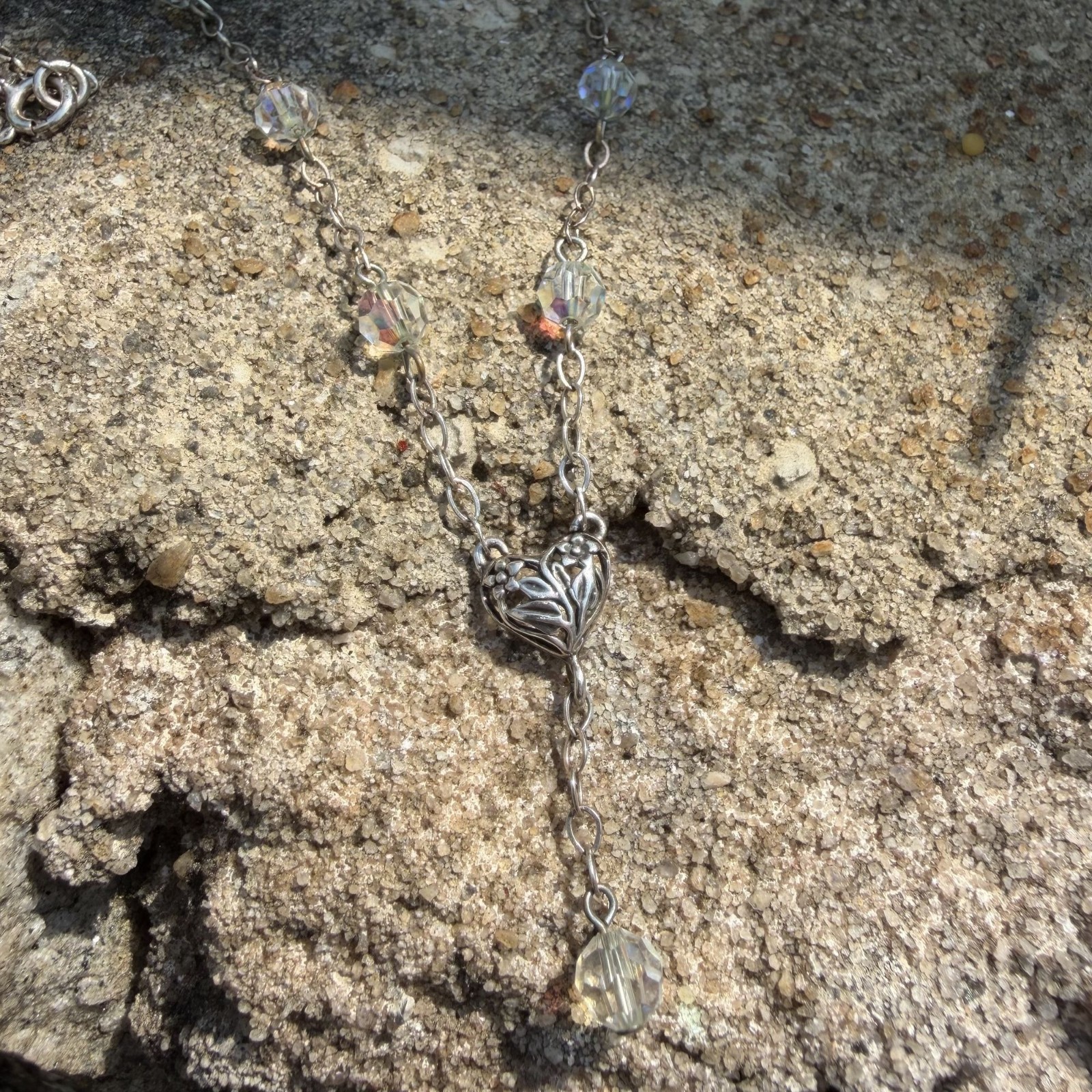 Sterling Silver Lariat Necklace Openwork Heart Pendant Faceted Crystals