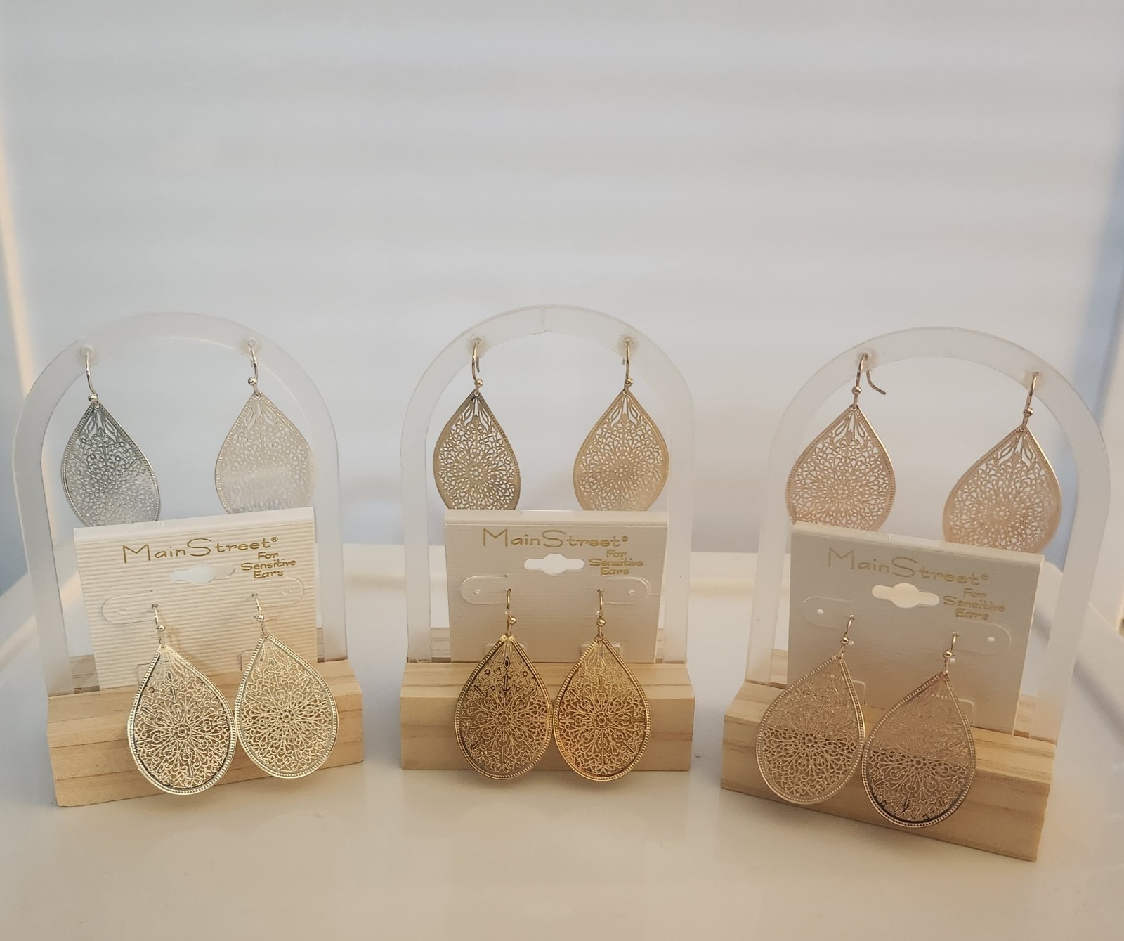 Large Delicate Filigree Teardrop Earrings: Silver, Gold & Rose Gold by Main St.