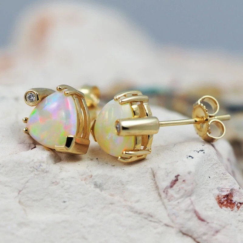 2Ct Trillion Natural Fire Opal Sparkly Delighted Studs 14K Yellow Gold Plated