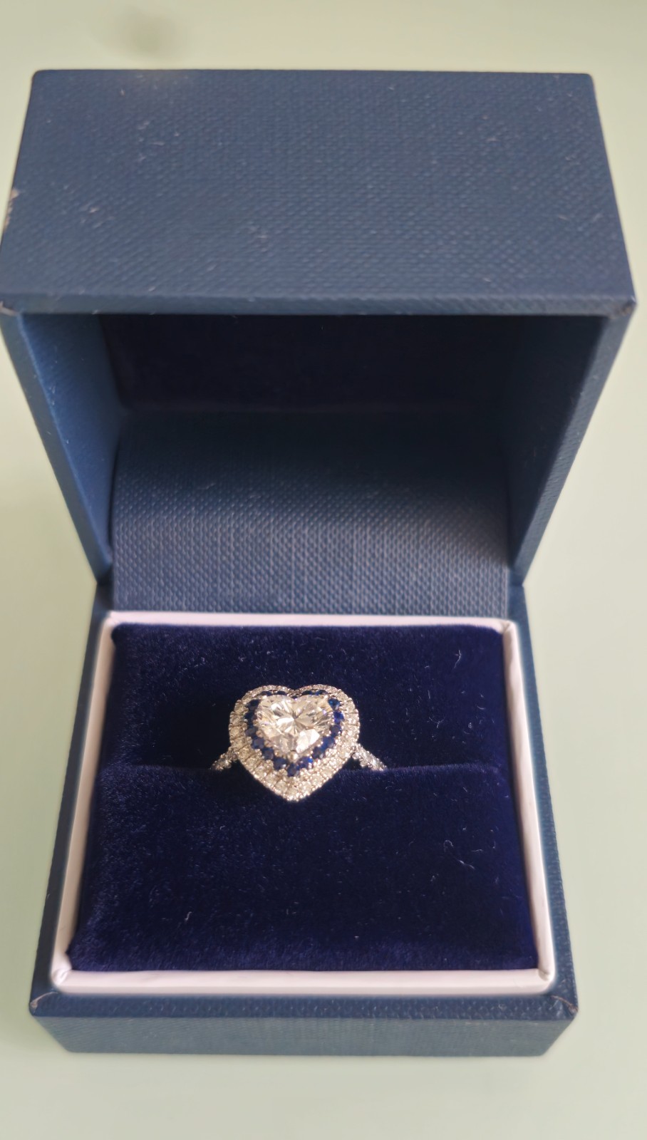 Blue Nile Platinum 1.58ct GIA Lab-Grown Heart Diamond Sapphire Halo Ring 7.5