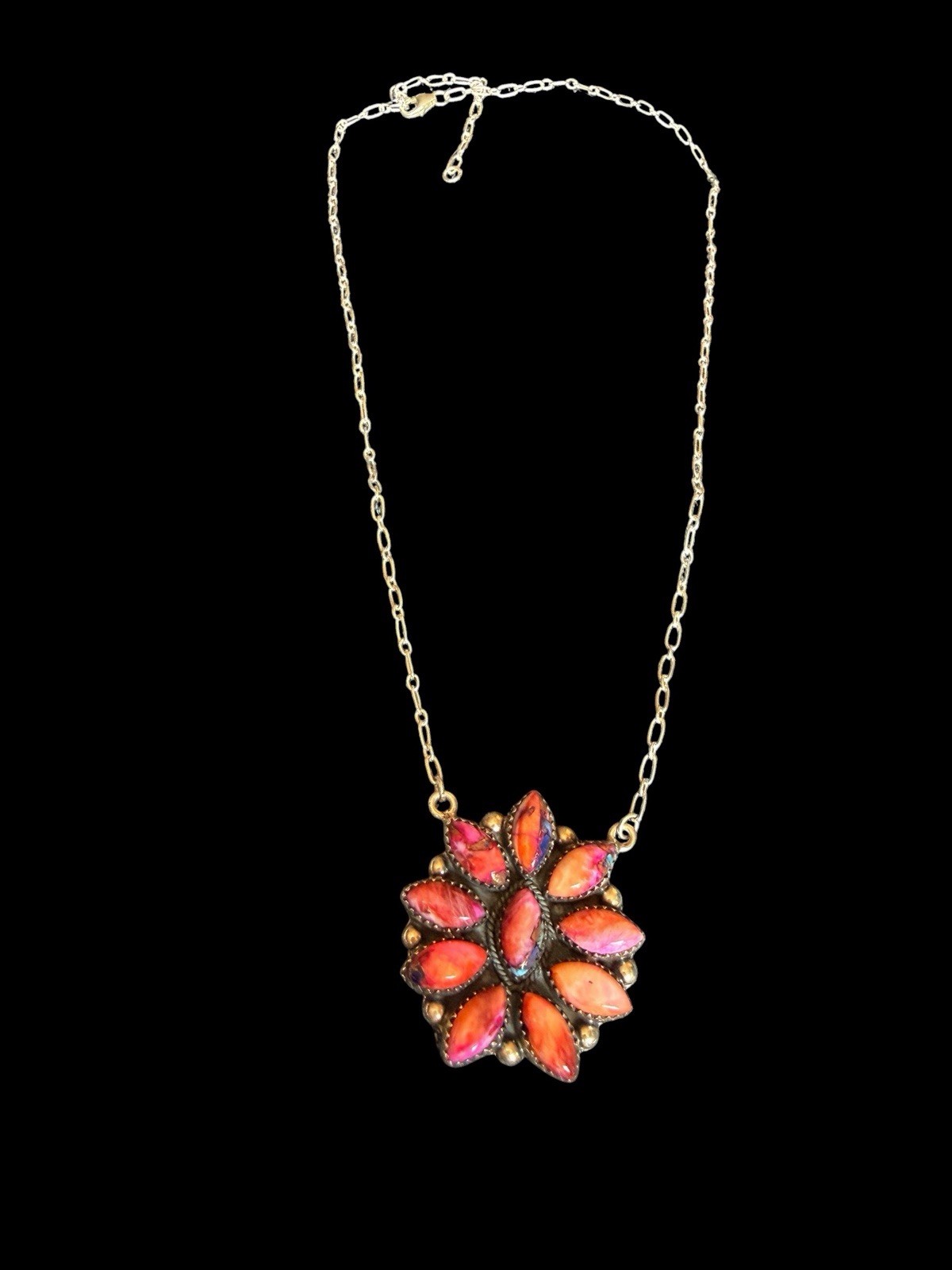BEAUTIFUL SOUTHWEST STERLING SILVER DAHLIA ROSE TURQUOISE STONE FLOWER NECKLACE
