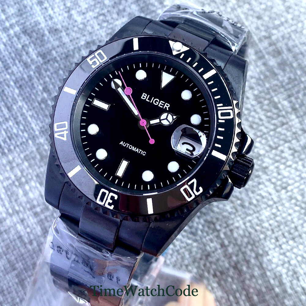 40mm Sapphire Automatic Mechanical Mens Watch NH35 Date Black PVD Steel Bracelet