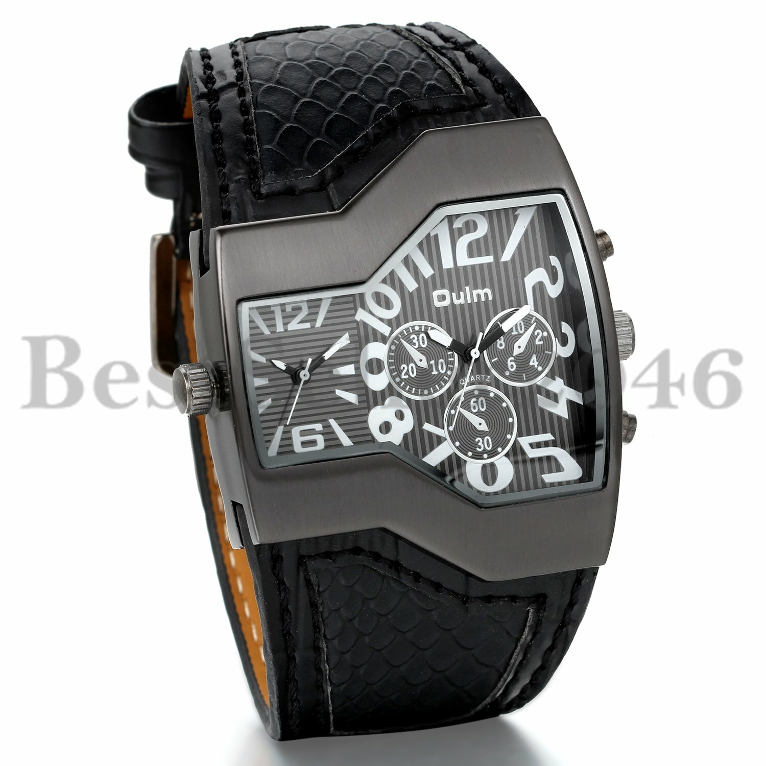 Military Dual Time Zone Irregular Dial Leather Band Men Sport Quartz Wrist Watch