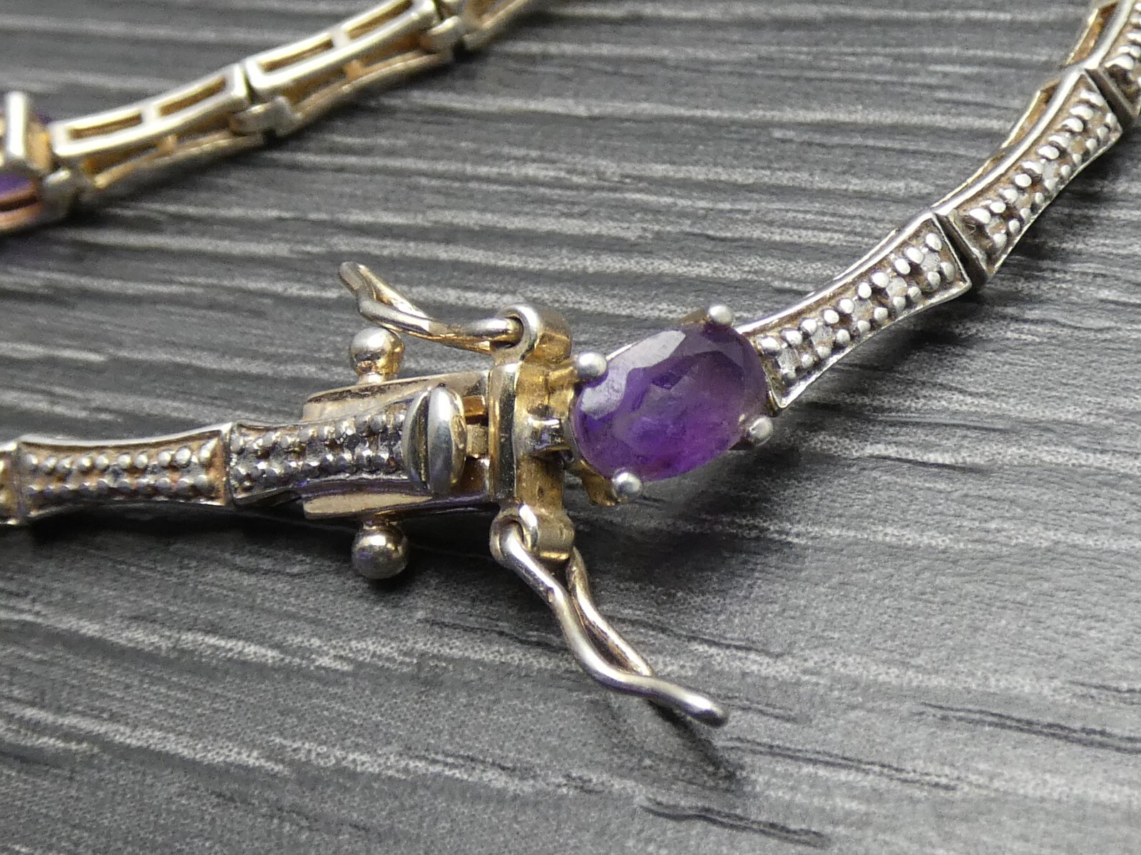 Sterling Silver Oval Purple Unique Bar Link Clasp Tennis Bracelet 7.5 inches