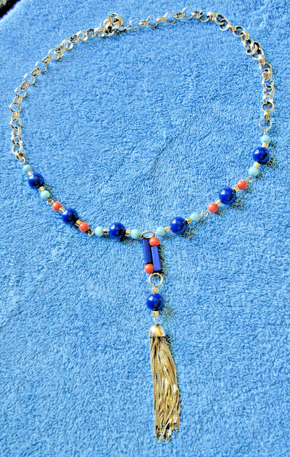 Chain & Beaded Orange & Blues Necklace “T” Logo 19″ Drop w/Metal Tassel Lobster