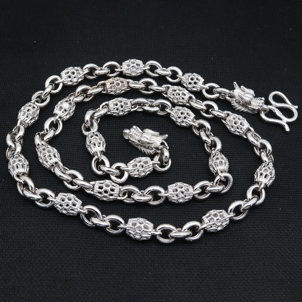 Pure S925 Sterling Silver Chain 6mm Barrel Beads Link Necklace 44-45g 21.6inch