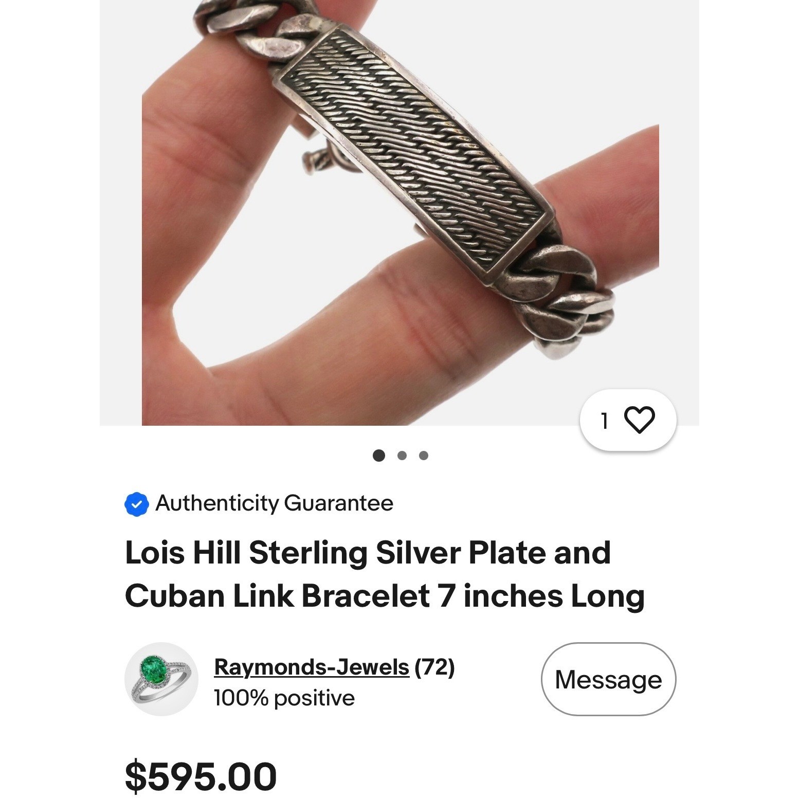 LOIS HILL 7.5″ SS 925 Indonesia Textile Weave ID Plate Men’s Cuban Link Bracelet