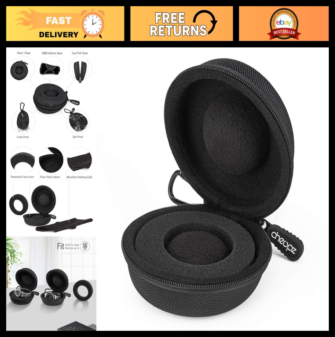 Travel Watch Case for Wristwatches & Smart Watches up to 50mm, Black Storage Box