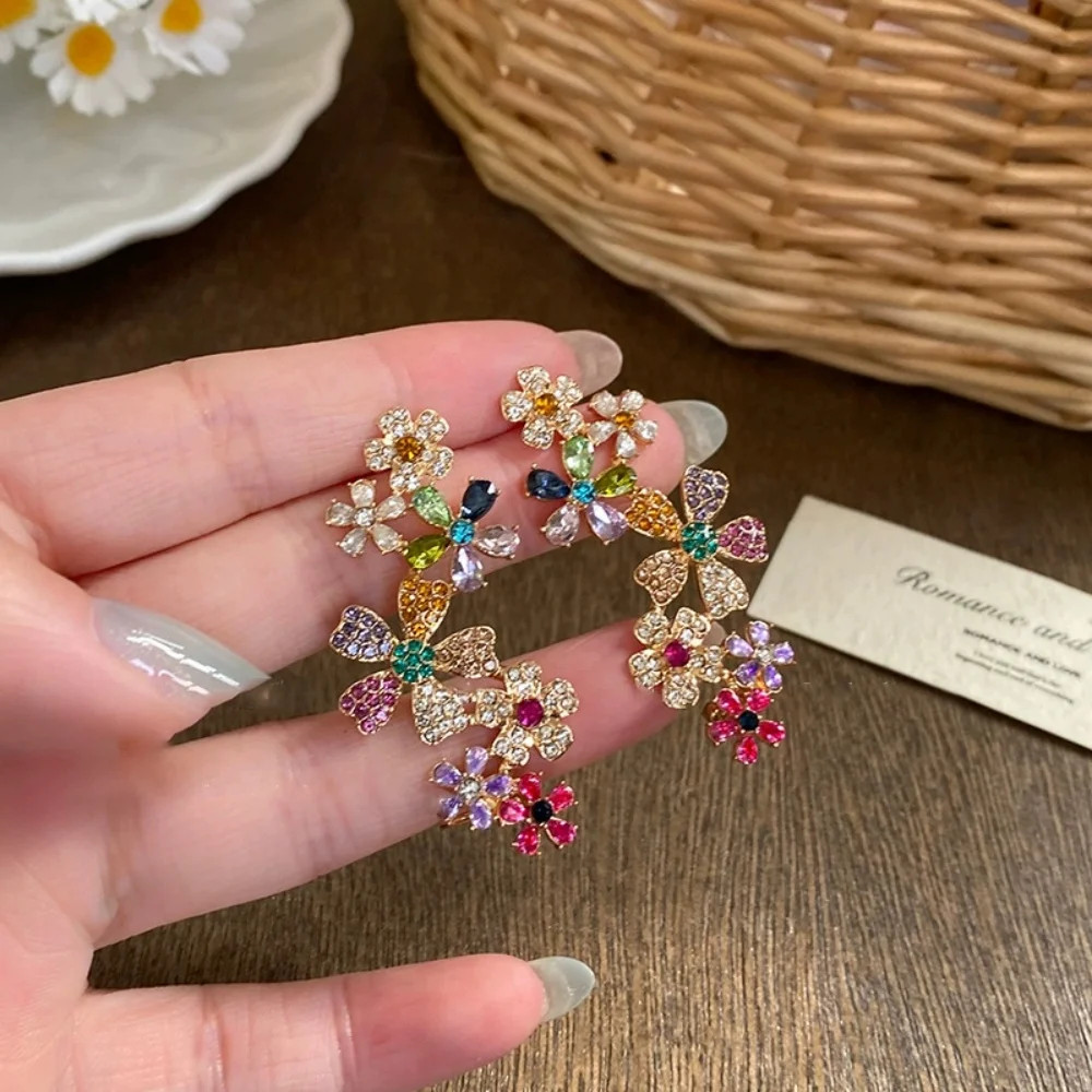Geometry Colored Zircon Flower Necklace Earrings Women’s Trendy Fashion Jewelry