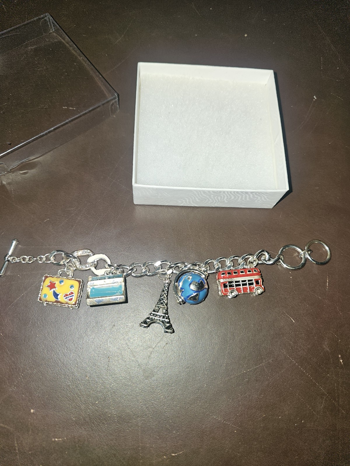 European Travel Themed Charm Bracelet w/ 5 Charms, Mixed Metals, 8” Toggle Clasp