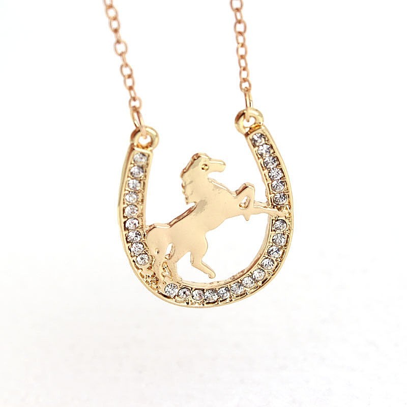 Golden 1-3/8″ x 1″ Rhinestone HORSESHOE w/ HORSE Pendant Necklace 16″ Chain #31