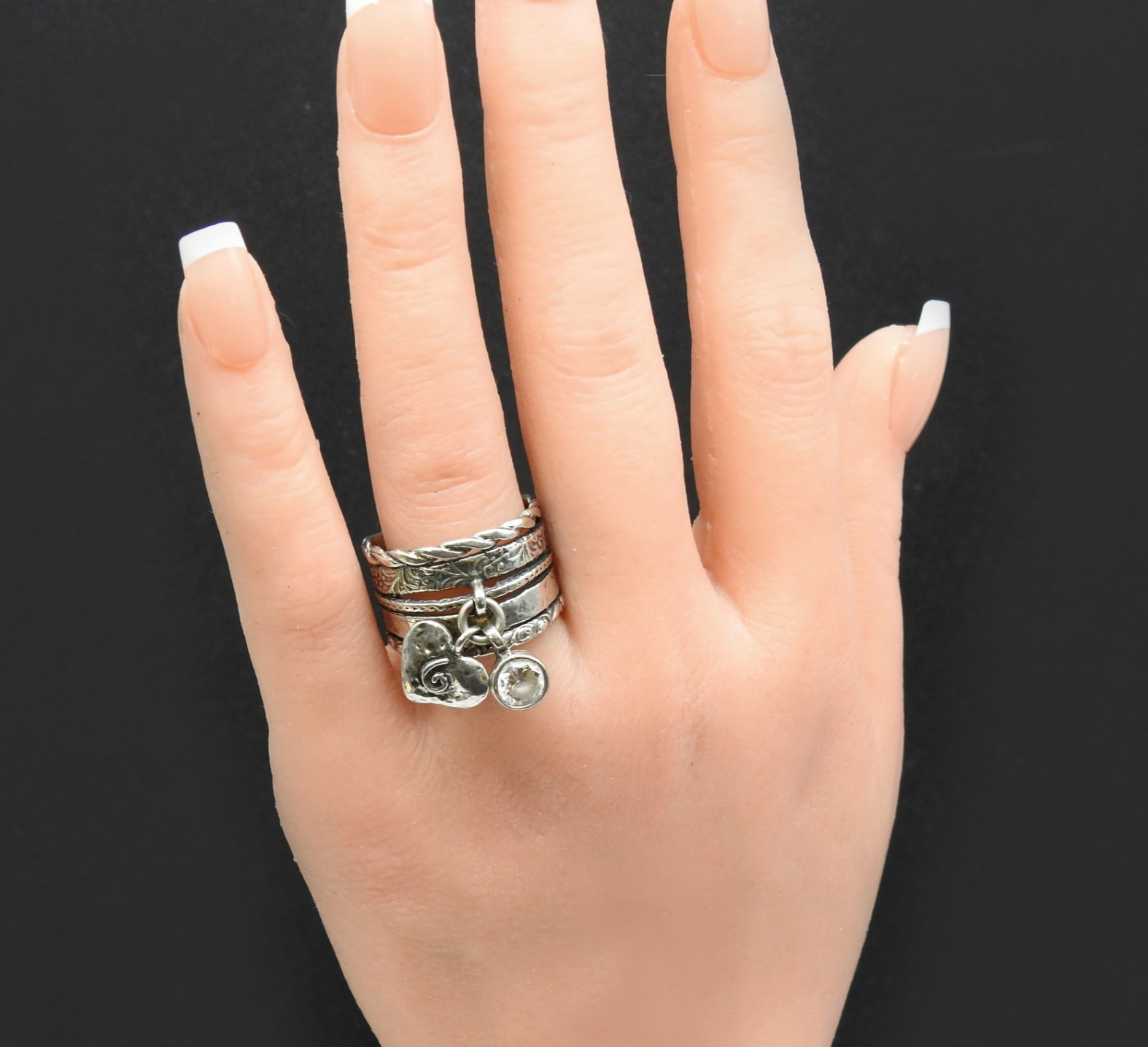 Israel 925 Sterling Silver Multi Band Heart CZ Dangle Charm Ring Size 9 Artisan