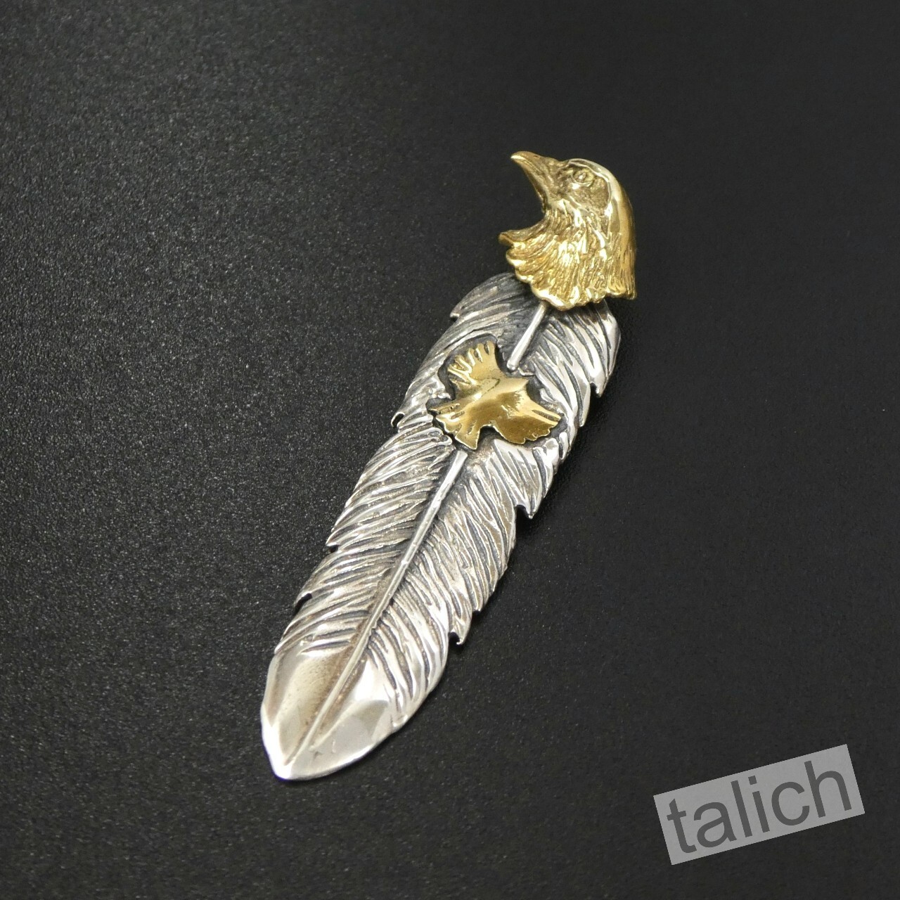 925 Sterling Silver Feather with Shiny Brass Eagle Head Pendant Great Details